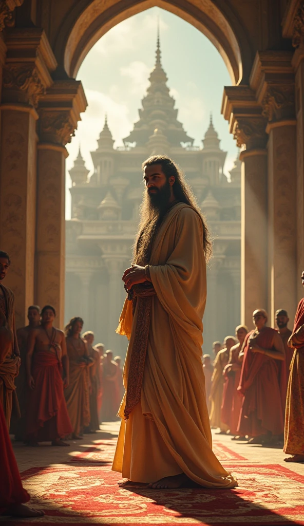 Create an image of Ashoka as a ruler of peace, having renounced war. He should be portrayed as a wise and compassionate leader, surrounded by symbols of peace and harmony. The scene should reflect the tranquility of his reign, with his empire thriving under the policy of dhamma vijaya."

