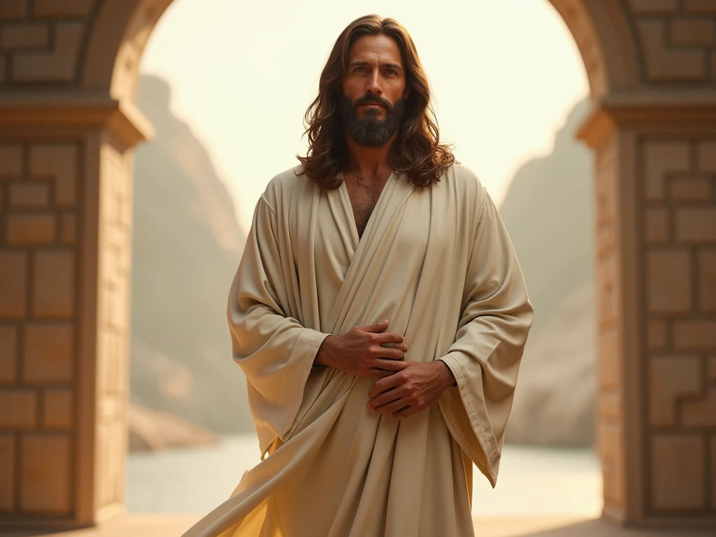 Jesus Christ, walking, arms spread out, full-body-shot, white-robe, sandals, blank-background, <lora:Christ_Living_lora-10-fp32-no-ema-clip-fix:1>