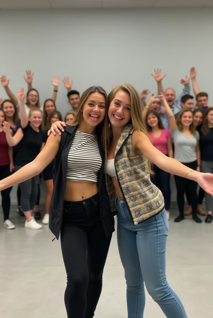 Two young women pose playfully in the foreground, dressed in stylish casual outfits, with one wearing a striped crop top and the other a patterned vest. They stand with arms outstretched, smiling broadly. Behind them, a diverse group of people, likely friends or fellow dancers, enthusiastically cheer and pose, creating a lively atmosphere. The setting is an indoor dance studio with a light gray backdrop, emphasizing the energetic mood of the scene.