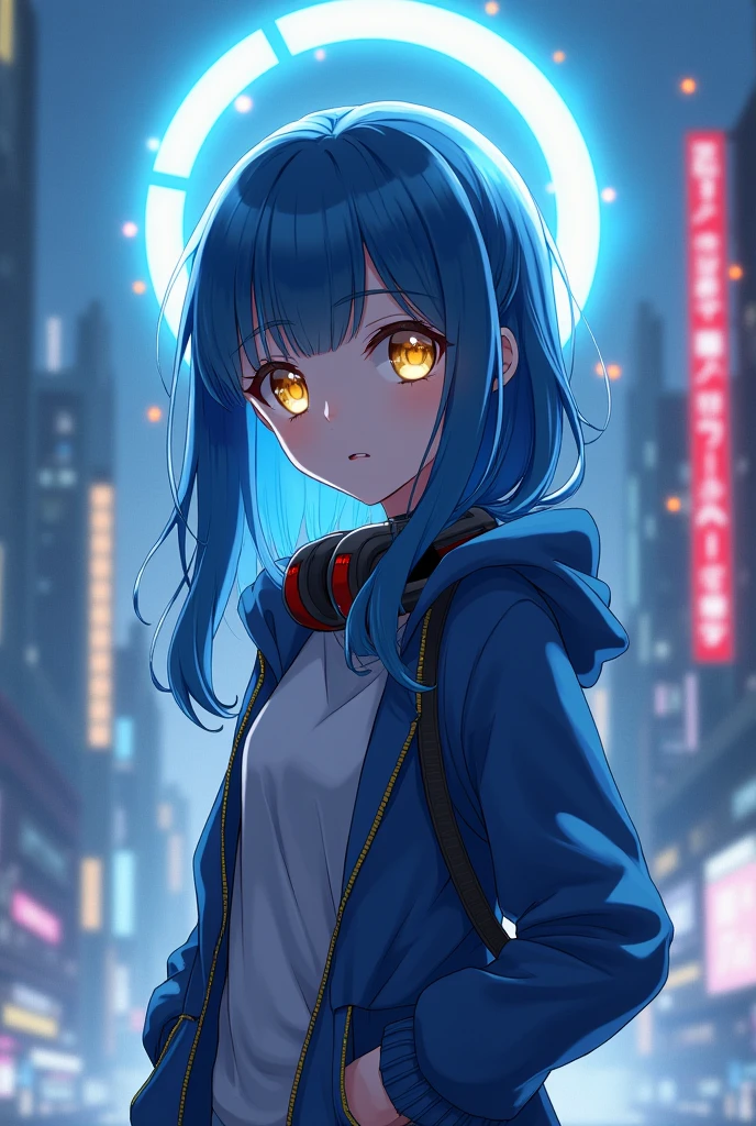anime(blue archive), halo(blue archive),  deepblue hair , long hair,  hoodie, gold color eyes, engineer,  headset on neck , hair , City background, Halo ( blue archive )