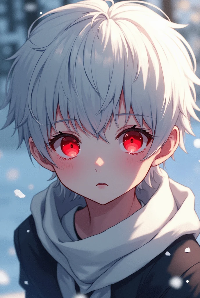  The  boy has red eyes that shine like rubies, giving him a strange and attractive appearance. At the same time, his white hair is like snow, which extends to the middle of the back like pure snow, scattered around his little face with his innocence, making him a  from another world.

His red eyes seem lifeless as if his spirit has been extinguished for a long time. ...
drawing anime