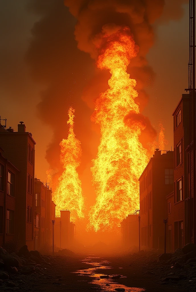 image of a house with a tower in the background, houses on fire, house on fire, burning houses, burning buildings, the buildings are on fire, house background, burning building, haunted house themed, housefire, dark neighborhood, buildings on fire, burning city, appalling, god touch