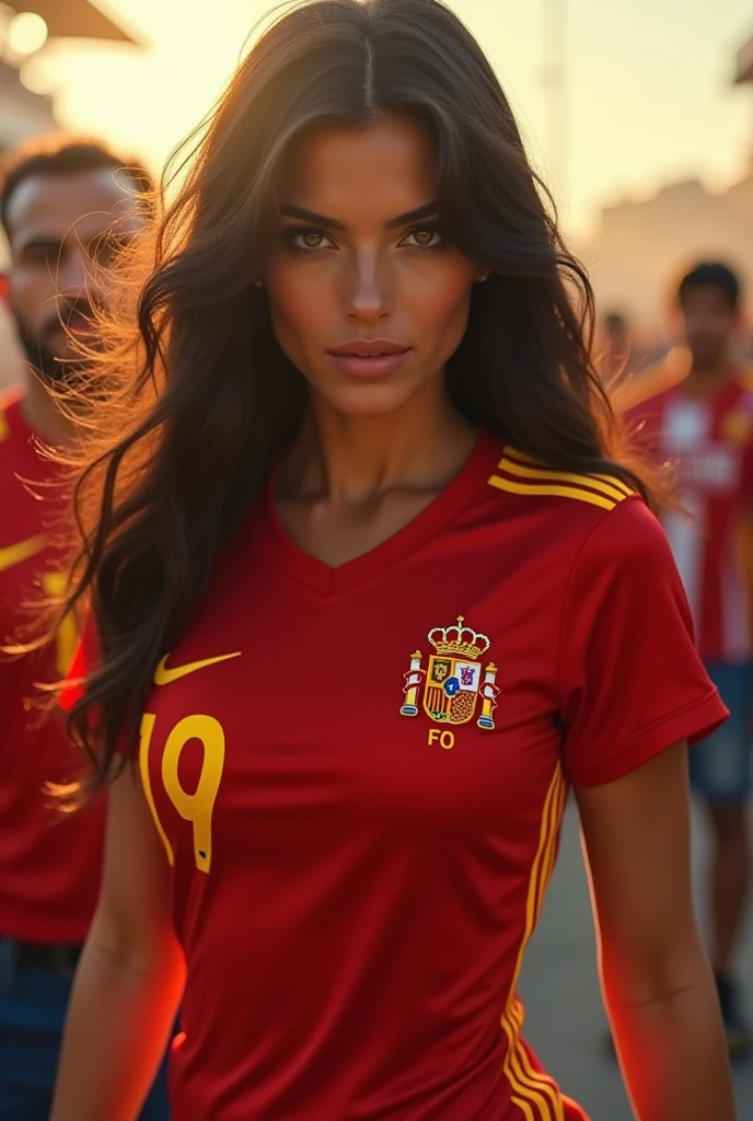 Mujer Footballista joven, throw away, with the Spain national team shirt, ultra realistic photography, en un estadio de Football, with big breasts, canon mark 5d, low iso, High contrast, low exposure, realistic lights, Football. sexy, sensuality.