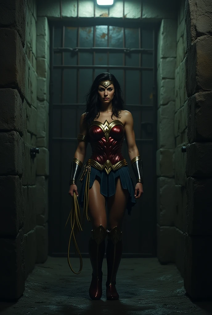 Wonder Woman on her knee tied up by a thousand soldiers, (crowded), ((ten army in background), tied up, Wonder Woman Costume, Restrained, BDSM, (two soldier tied her up)