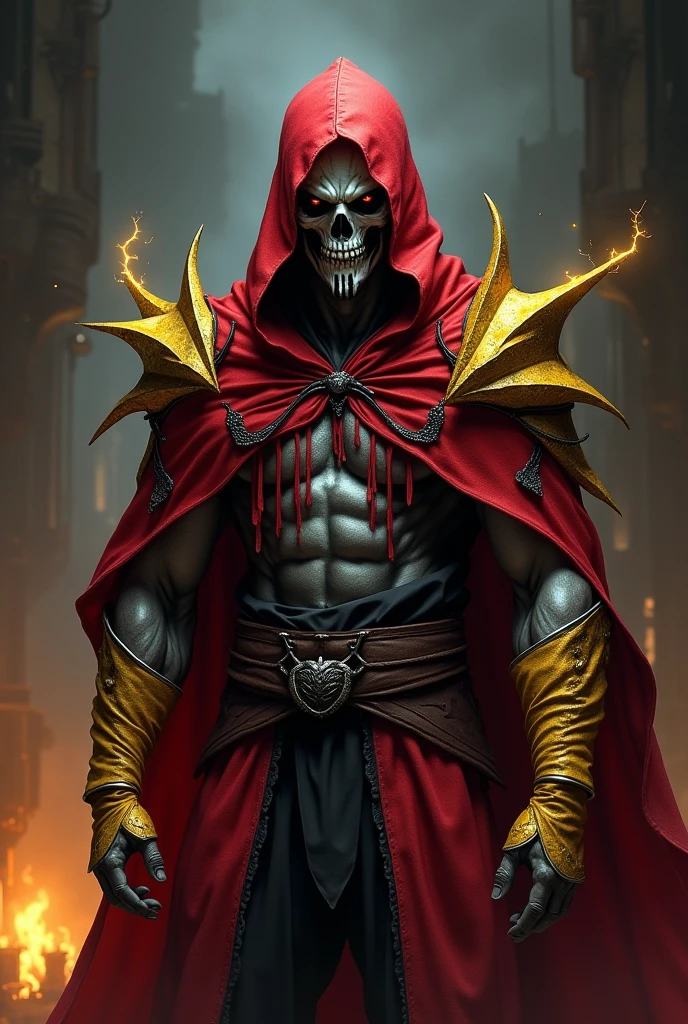 A villain man, intricate details, strong body, skull head, red eyes, wearing hood, colors, realistic, burning background, FHD --auto --s2