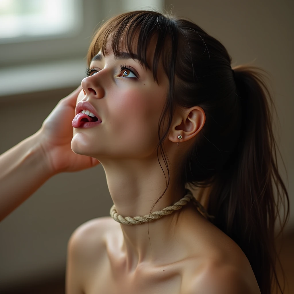 (Masterpiece, Best Quality, High Quality:1.4), (professional artwork, extremely detailed girl:1.0), 8k, detailed eyes, perfect face, ponytails, bangs, 1girl, wide hips, thick thighs, heavy makeup, skindentation, long eyelashes, dark eyeshadow, looking at viewer, bright eyes, close up, crazy eyes, enormous ass, bound arms, arms behind back, improvised gag, gagged, duct tape, bondage, trusers. shirt, (drooling, drool all over face, drool all over breasts)