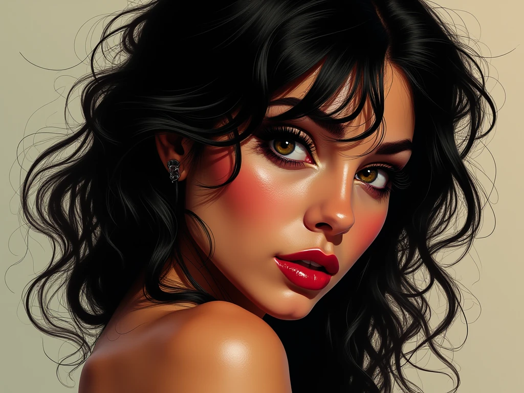 A short woman with black curly hair, black eyes big lips oval face