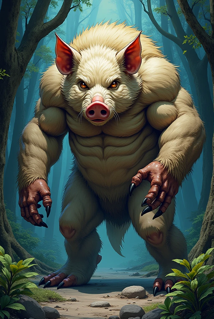 A pig man whose right hand was replaced with a rusty old iron hand has large tusks and a beard holding a wooden stick Walking in the middle of a very scary forest