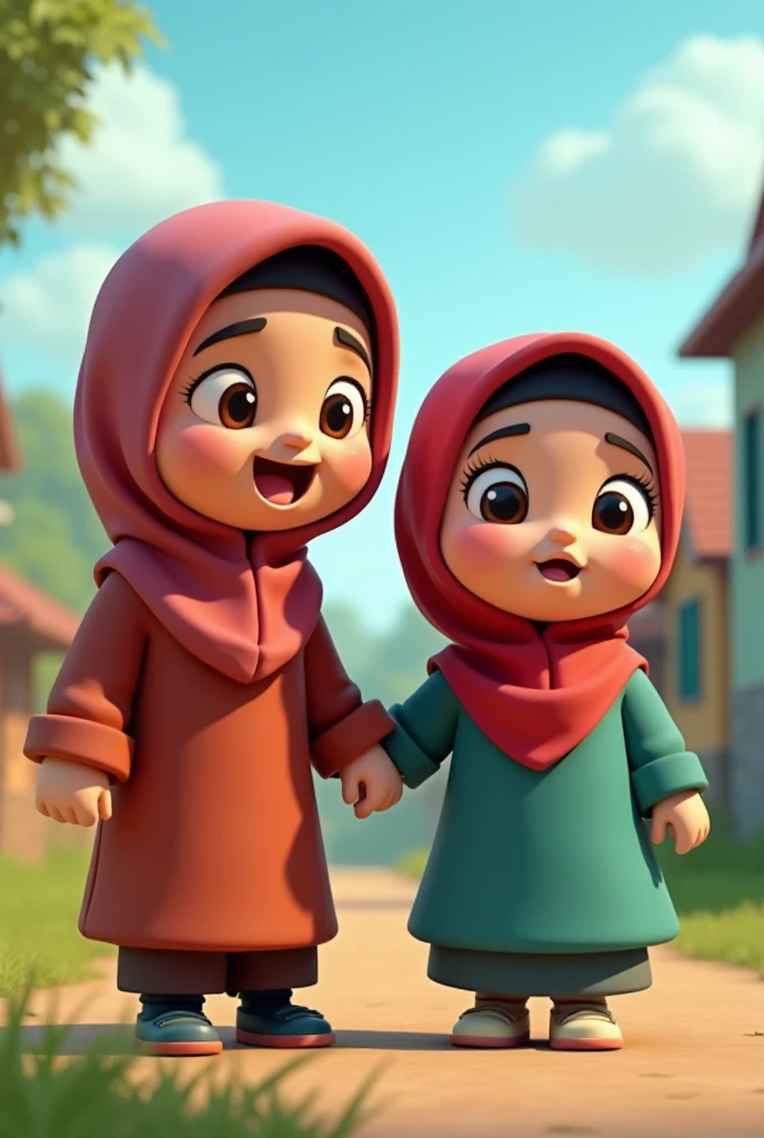 Animated image of sisters, one Indonesian girl wearing a pink Niqab and dress, and the other girl wearing pants and a blouse without a Niqab.
