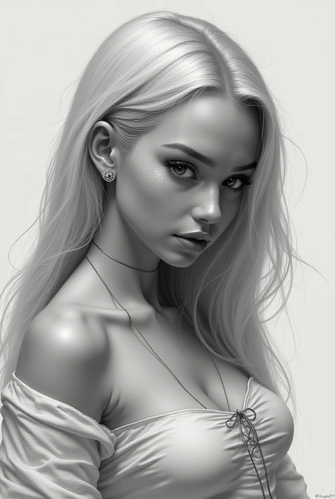 sam yang,
1girl, backlighting, bare shoulders, black choker, blurry, blurry background, blush, breasts, choker, cleavage, closed mouth, collarbone, earrings, forehead, freckles, hair over shoulder, jewelry, long hair, looking down, pointy nose, red lips, shadow, solo, thick eyebrows, thick eyelashes, upper body, white hair
, ((masterpiece))