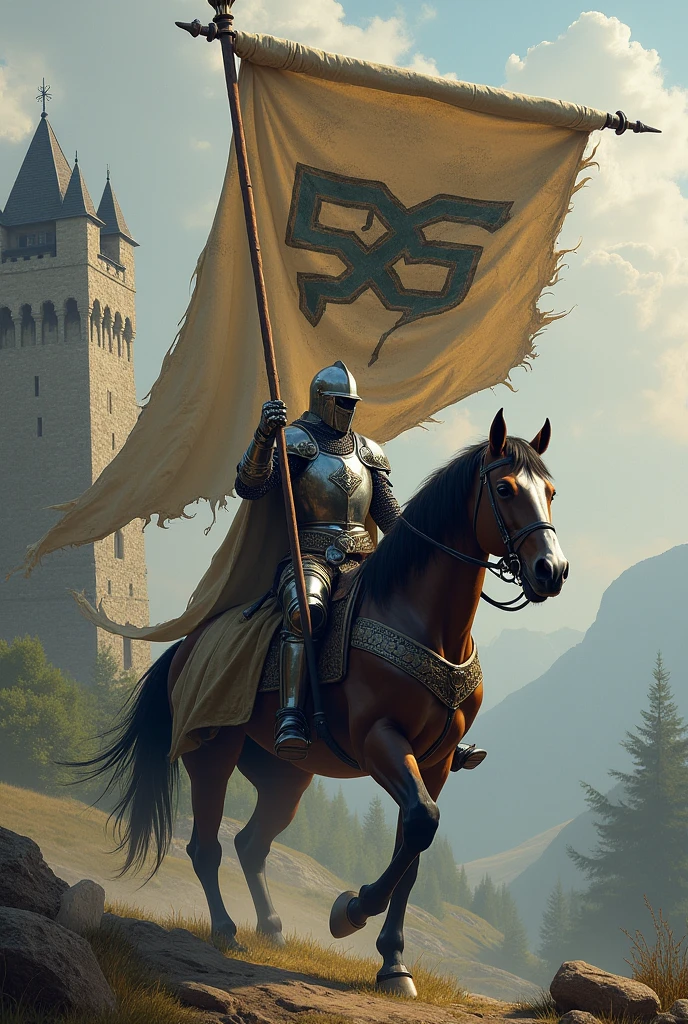 Medieval knight riding a horse with large flag with stone design ...