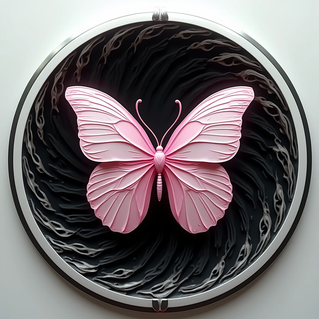  Create highly detailed and beautiful digital art ,  with a non-realistic style ,  focused on a circular symbol .  The symbol must have sharp and silver edges ,  with details in black and white .  The external background of the symbol must be white plated ,  creating a striking contrast with the interior of the white and silver circle . Inside the circle, The background will be black ,  and over it appear chaotic and intricate details that resemble a vortex ,  suggesting movement and disturbance ,  without losing the harmony of the design .

 At the center of this vortex ,  highlight the figure of a pink fucus butterfly sia ,  with prick silky and white that give a feeling of delicacy and fluidity .  The butterfly must occupy most of the inner space of the circle ,  with its well-defined contours and wings ,  reflecting a balance between elegance and strength .  The butterfly must be entirely inside the circle ,  without going beyond its borders ,  creating a symbolism of restraint and focus .

 The contrast between the chaotic background of the vortex and the vibrant and detailed butterfly in the center should make the butterfly stand out in an impactful way,  while the use of black ,  creates an atmosphere of mystery and transformation .  The design must be clear and visually balanced ,  with the butterfly as the biggest point of interest ,  bringing a sense of transformation within a controlled chaos .