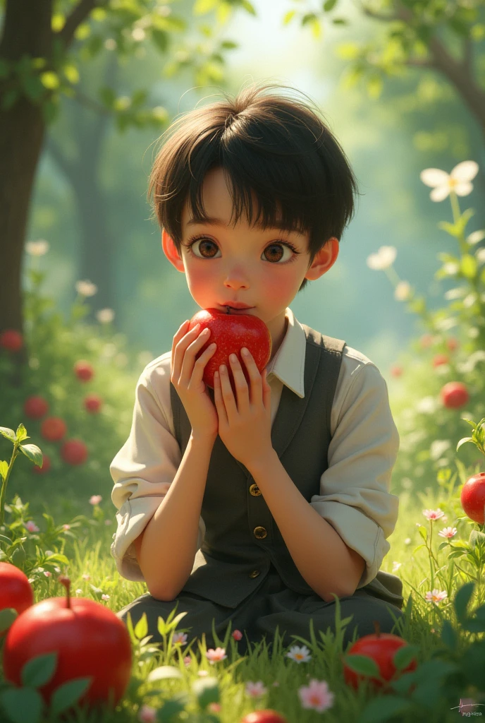 Boy petting an apple tree