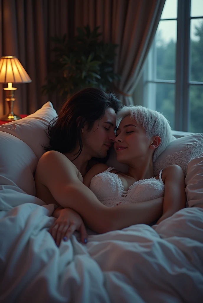 A woman with very short white hair and violet eyes, light brown skin and her dark haired husband, in a big bed