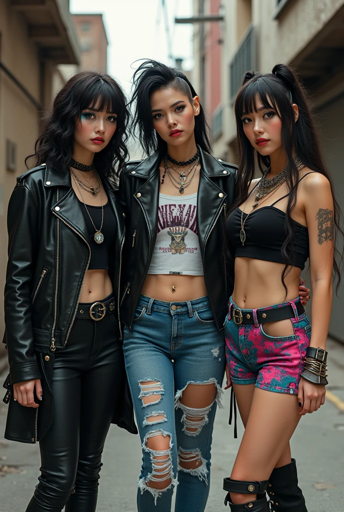 80s woman metal band, sunglasses, rivets, pants, belts, chains, guitars.