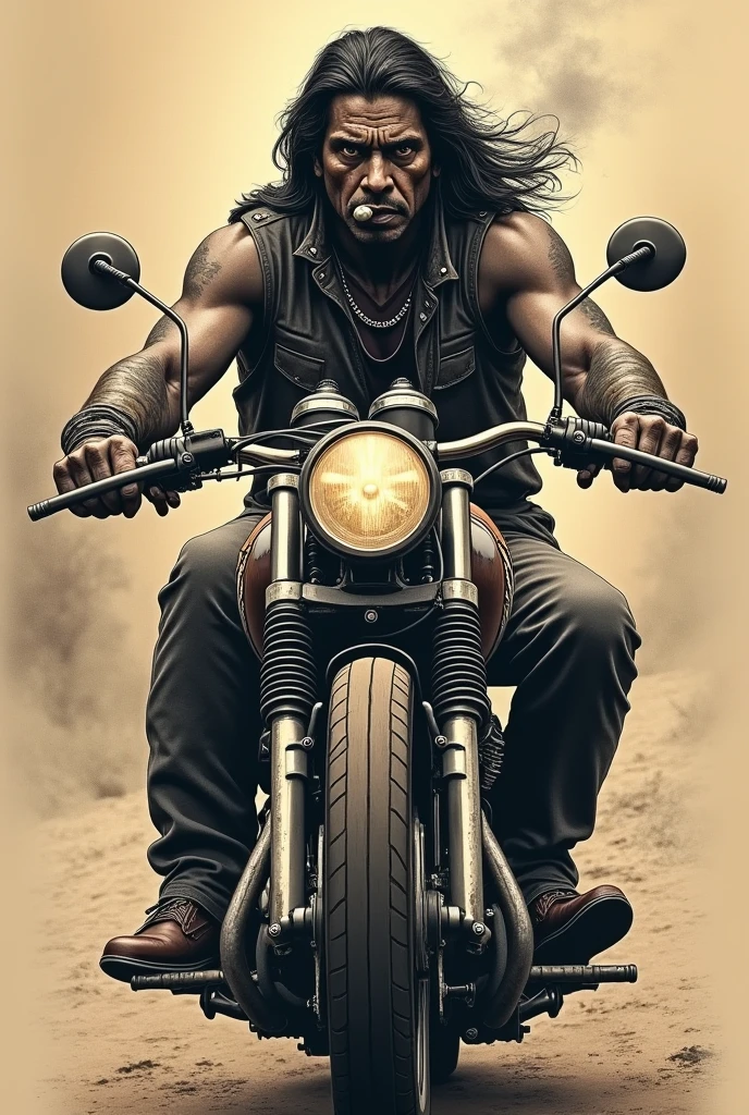 Gorilla, motorcycle in the desert at night (armybiker style: 1) bad face, angry face, SCAR on left eyebrow, scar, muscular, defined arms, defined chest, hand on handlebars, mounted on top of motorcycle, riding a Harley Davidson, model Iron 883, all black, matte black details, K raw photo, best quality, masterpiece, ultra high res, natural skin texture, realistic eyes and face details, realistic, looking at the viewer, dark forest, outdoor, photo, masterpiece, best quality, detailed, realistic, wearing crNanosuit, (senatorarmstrong)