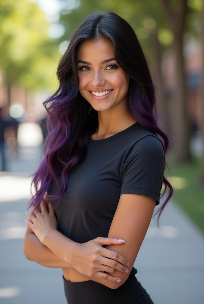 arafed woman with long black hair with purple highlights, flowing black hair with, with black hair, photo of a beautiful woman, long flowing black hair, black golden hour, curly black hair, beautiful young asian woman, beautiful asian woman, wild ginger hair, pink wispy hair, light black hair, a young asian woman, an asian woman, infp young woman, full body photo of a 24-year-old french girl in RAW UHD format (Brown-eyed woman) , surfing), Details (textures! , Hair! , glistering, Color!! , imperfections: 1.1), highly detailed glossy eyes (looking at the camera), DSLR Lighting, SLR camera, Ultra-Quality, sharpness, Depth of field, Film grain , Fujifilm XT3, Crystal clear, Frame Center, beautiful face, sharp-focus, bokeh (sunlight), (open sky), detailed skin pores, oilly skin, suntan, Complex eye details, (((smiling))), ((grass)), green grass background, (((full body))), Jacket, tight blue pants, warm jacket, cloudy, (((full body))),(((distance))), ((boots))