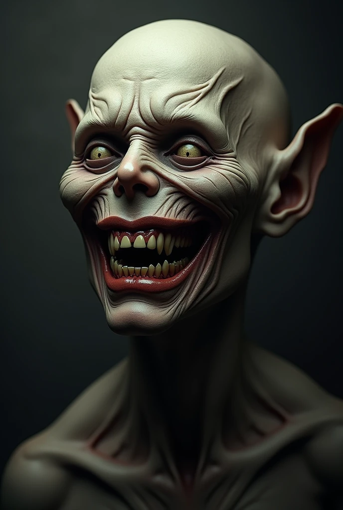 A demon with a huge but closed smile, with pointed teeth between black and yellow with long, deep black eyes, with an elongated white face without a nose that is too scary