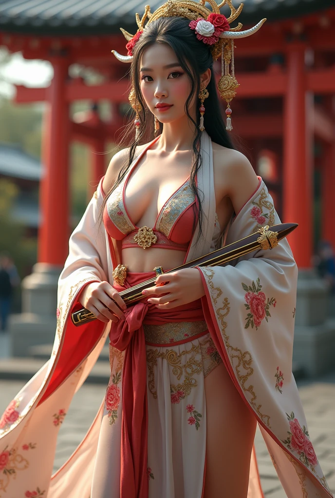 Japanese God, Very beautiful and cute, Playing Old Instruments   , goddess, muscularity,  very big breasts ,  sexy, White Snake,Financial luck,Benten , torii,   Shrine Precincts , HD ,  RAW photos, photoshoot, whole body,  top quality, Hi-Res CG Unity 8K Wallpaper  , Viewpoint,  top quality,   digital art rendering , 8k,
