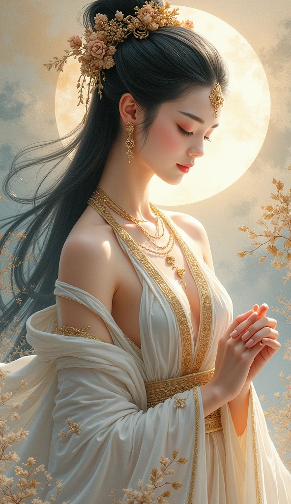 A beautiful oriental goddess、A fusion of ink painting and vivid watercolor、magnificent、Jewelry、　