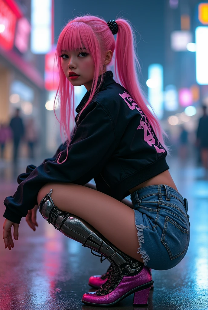 a full-body tattooed girl sitting on a staircase looking at the city, (photo taken from the side), fine and delicate woman, full-length photo portrait, realistic, pink pupils, beautiful eyes, long eyelashes, almond-shaped eyes, red makeup lips, low-cut outfit, seductive neckline, pink cotton blouse. k-pop clothing style. intricate details, vivid details, detailed skin, detailed body, vivid colors, bokeh, long pink hair, colorful hair, detailed skin, (listening to music), (cute figure). (sitting thinking)., leaning against a Wall, voluptuous legs, curvy body, seductive. 1 girl