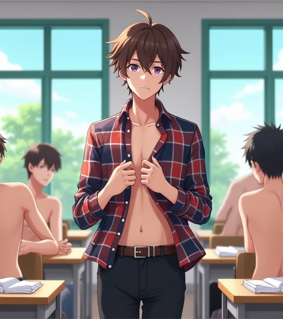 2boys,((1boy, green eyes, bright pupils, white pupils, brown hair, chubby)),((1boy, red eyes, bright pupils, white pupils, red hair,freckles, muscular)) , nude, cowboy shot, (classroom:1.2), smile, open mouth, (fang:1.2),((shota)), score_9, score_8_up, score_7_up, BREAK source_anime, best quality, masterpiece, uncensored, detailed penis