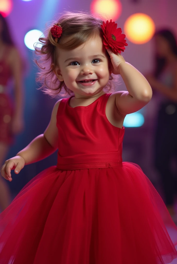 a close-up of a BLONDE child with long hairBUN, BIG BALL OF electrified ICE IN HANDS. posando na frente de bolas de discoteca em uma sala, child girl wears a red dress, pose de glamour, fazendo uma pose elegante, posar para uma foto, em um vestido vermelho, usando um vestido vermelho, em estilo glamoroso, bola de discoteca ao fundo, modelo jovem bonita, usando um vestido cintilante, Photo of a promotional session, Retrato no meio da foto, vestindo trajes formais vermelhos