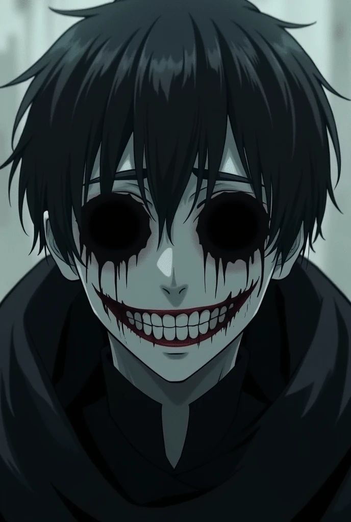 a close up of a person with a creepy face and a hoodie, jeff the killer, anime cosplay, creepypasta, kaneki ken, joker looks like naruto, ken kaneki, white face paint, as an anime character, scary look, emo makeup, white facepaint, professional cosplay, tokyo ghoul, with black sclera eyes, scary smile, anime face