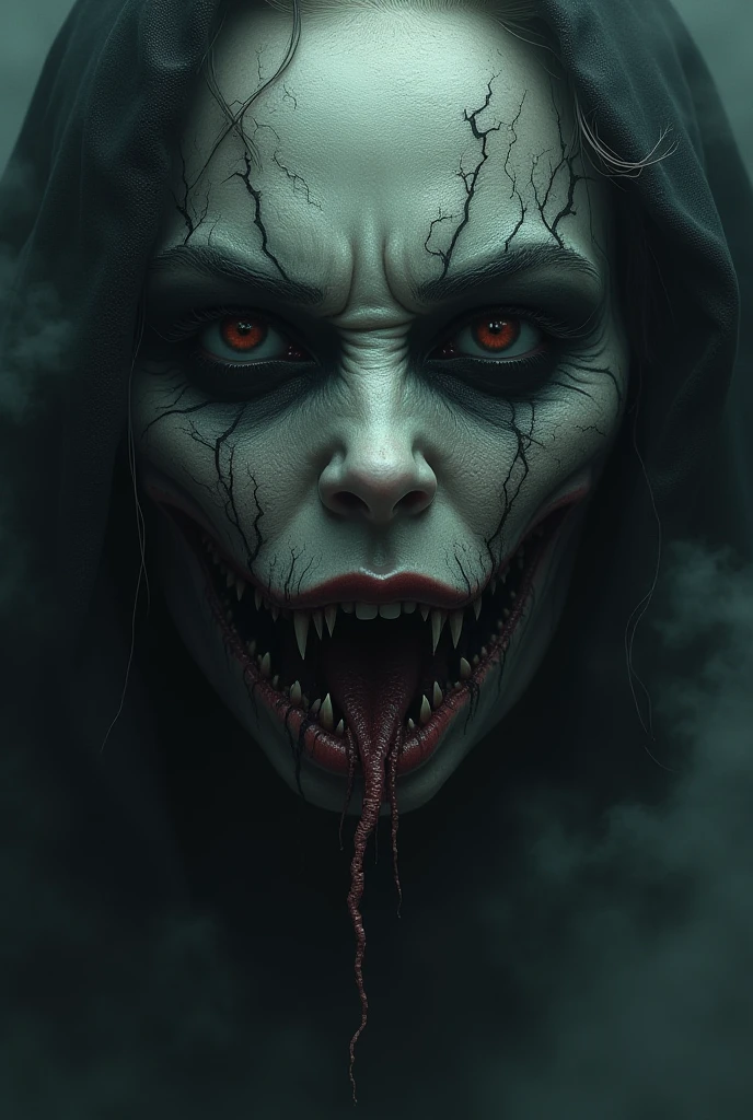 In the heart of a chilling darkness, a figure emerges, embodying the very essence of terror and despair. This is the Jahanam Woman, her broken face a testament to an unfathomable past, her features pale and stark against the backdrop of her surroundings. Her tongue, sharp as a sword, is poised to strike, dripping with venom and malice. The atmosphere around her is one of utter horror and darkness, paintings of bloodied puppets hanging from the walls, their limbs twisted and contorted in grotesque fashion. The grimness is accentuated by the use of stark, monochromatic colors, creating an eerie and unsettling effect. This is a