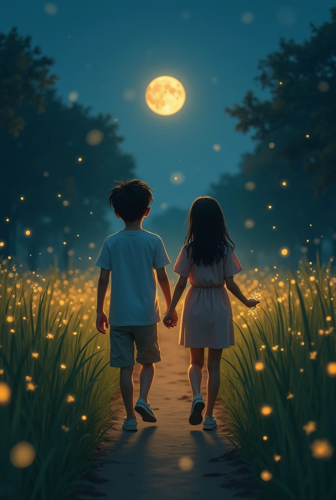 Boy and girl looking at each other watching fire flies at night in a forest boy is wearing blue T shirt black full pants and the girl is wearing short white sleeveless jumpsuit