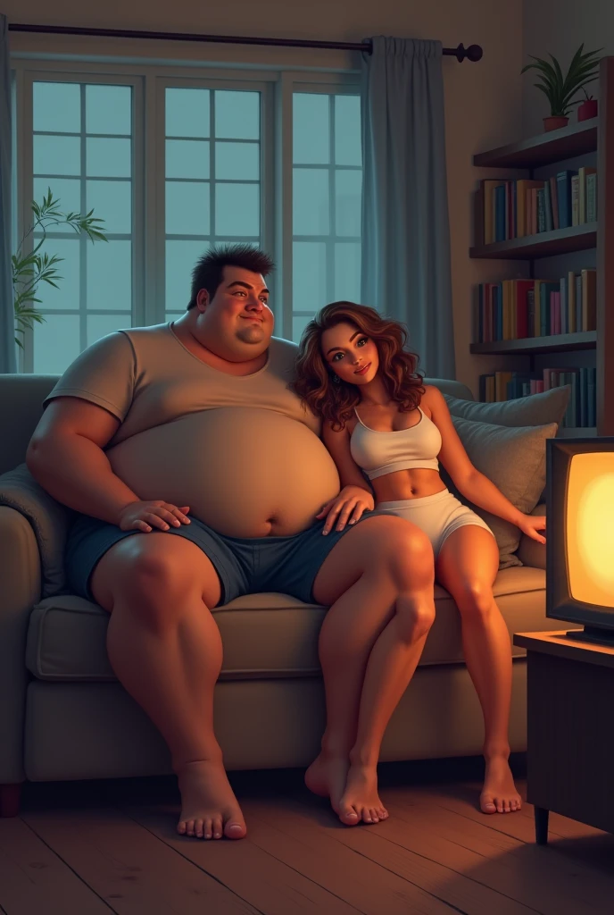 In a dim, cluttered room overflowing with fast food wrappers and greasy takeout containers, a statuesque, goddess-like woman stands triumphantly over her defeated boyfriend. Her athletic physique radiates strength and control, a stark contrast to the man slumped pitifully in a chair beneath her. His once-proud, muscular body has been reduced to a grotesque caricature of itself—bloated, soft, and helpless. His enormous belly spills over his lap, a humiliating symbol of his downfall.
The woman's face is alight with cruel joy as she laughs, her voice dripping with mockery. She revels in the power she now holds over him, her fingers digging into the rolls of fat that cover his once-sculpted torso. With every squeeze, she delights in his shame, her laughter growing louder and more piercing. The man, reduced to tears, sobs uncontrollably, his once-handsome features now distorted by sadness and humiliation. His cheeks are wet with tears that fall into the stains of greasy food splattered across his ill-fitting clothes.
His tearful, pleading eyes dart to a framed photo on the wall, a cruel reminder of what he once was. In the photo, he stands tall, muscular, and confident, a picture of masculine pride beside a woman who, at that time, was nowhere near the dominant force she has become. The contrast is brutal—where he once commanded attention, he is now a pitiful, broken figure, utterly at her mercy.
The lighting in the room casts harsh, unforgiving shadows, emphasizing every humiliating detail—the chaotic mess of the room, the grotesque rolls of fat, the smirk on her lips, and the tears streaming down his face. The man is completely broken, overwhelmed by the sheer dominance of the woman who now controls not just his body, but his very soul. He sobs, humiliated and powerless, as she continues to laugh, her triumph absolute