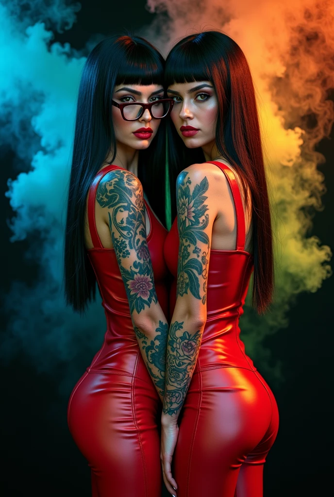 1 beautiful devil woman from hell, surreal female portraits by David Hockney and Alphonse Mucha, Fantasy Art, Chinese Doll, Photorealism, Dynamic lighting, art  stations, poster for, Volumetric lighting, Intricate tattoos on the face with highly detailed details, demonic intricate tattoos, thigh tattoos, body tattoos, 8k ultra, Awarded, In the Dark, lowkey, cowboy lens, (Black Phoenix Dress: 1.0), Long hair, Black hair, Bust, Devil's Palace, devil crown, red eyes make up very sharp and detailed, The most beautiful face, Seductive body、((((black-rimmed round glasses))))、 Super tight breasts, Breast augmentation surgery, The breasts are very big and round and round, Super realistic, Black Dark Magic Dress, Charming smile, The eyes are very well made up, ((Red Eye:1.0)), guweiz, devil style, wearing black mesh socks, Ponytail with a bow tied at the back of the hair, plump beautiful red lips, wearing a thin red and black robe, Hands pull the straps to expose sexy breasts, the landscape is overcast and thunderous, Beautiful female demon portrait, Protagonist Close-up、intricate tattoos, demonic intricate tattoos, thigh tattoos, body tattoos, (Detailed spooky backgrounds:0.8), nffsw, nffsw, The 8k quality, detailed pixel, Meet beautiful girls, Look at the girl's body, ((((black-rimmed round glasses))))、Portrait of a woman in black magic clothes、surreal female portraits by David Hockney and Alphonse Mucha, Fantasy Art, Chinese Doll、Seductive Woman、