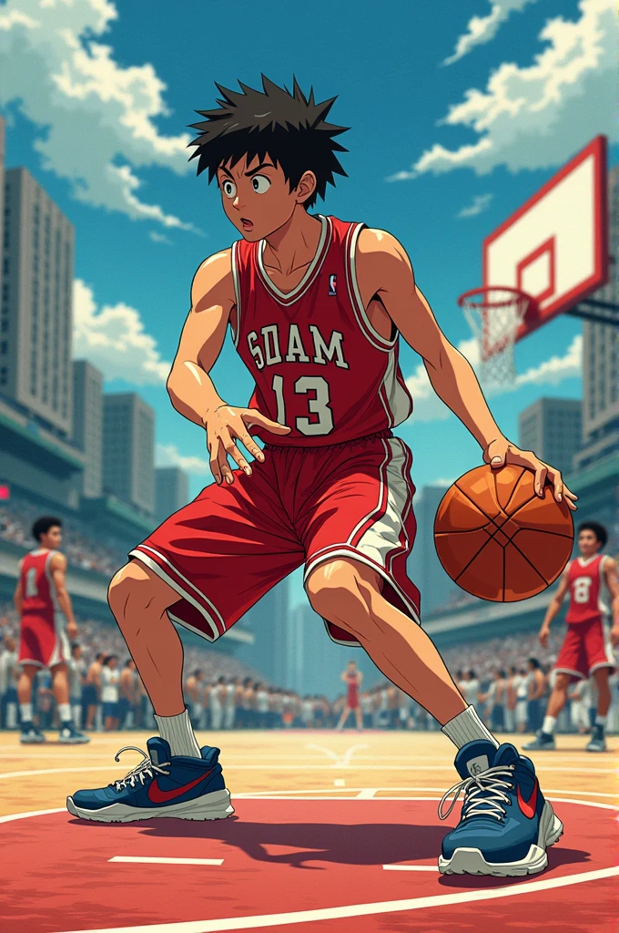 SLAM DUNK, Sakuragi Hanamichi, ((incredible dunk)), (big slam dunk moment:1.5), extremely detailed action pose, intense expression, focused eyes, sweat flying, basketball court background, crowd cheering, highly dynamic, sharp focus, vivid colors, studio lighting, dramatic lighting, nostalgic color palette, high contrast, physically-based rendering, ultra-fine painting, motion blur, anime style, UHD, masterpiece, accurate, anatomically correct, textured skin, best quality