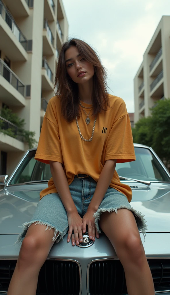A white girl with sun glasses, brown hair, red lips, red shirt, big , white furry &fluffy jacket, with blue jeans, big ass, yellow cap in the middle a logo of etherium, silver necklace with the logo of etherium, golden hoop earring, beatiful young 20 year old.