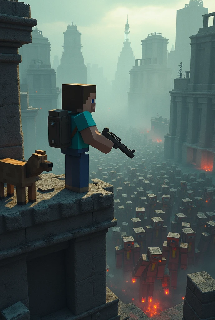  Steve from Minecraft on top of a destroyed building made of blocks , Apocalyptic filter ,  an enormous horde of zombies varied versions of Minecraft , feeling of despair,  just a shotgun and a backpack on the back and a dog on the side,  destroyed post-apocalyptic city 