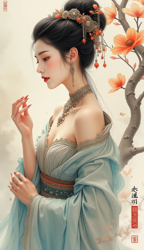 Ink and charcoal sketch, A girl in a stunning fitted dress fell to her knees and fainted, face of pain, Broken glass elevator, fade, Like a dream, Trance, Slightly steampunk vibe, . Traditional Chinese ink painting, Minimum, nature, Very detailed