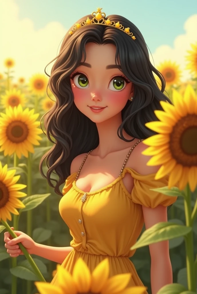 (  Absurdly , High quality , ultra detailed ) ,( hand detailed ) , 1girl, solo, mature, very long hair, sunflower hair , beautiful crystal eyes ( eye detailed ) Baroque, Necklace, long dress, long sleeve, elegant, colorful, highest detailed, upper body , with the river and sunflowers
