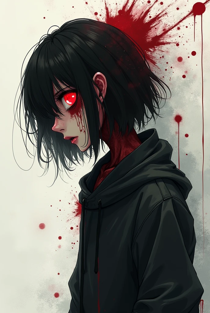 My sister has short black hair, red eyes, milf, scary smile, long sleeve shirt, scary, bloody face.