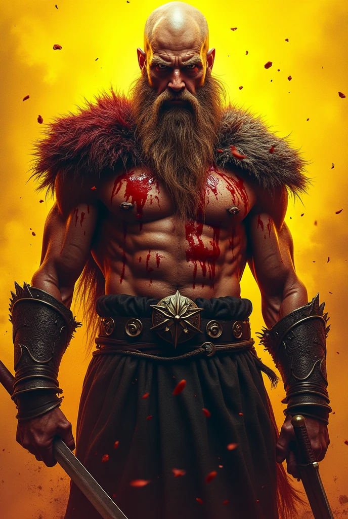 A strong, lean, blood-stained caveman with sharp eyes