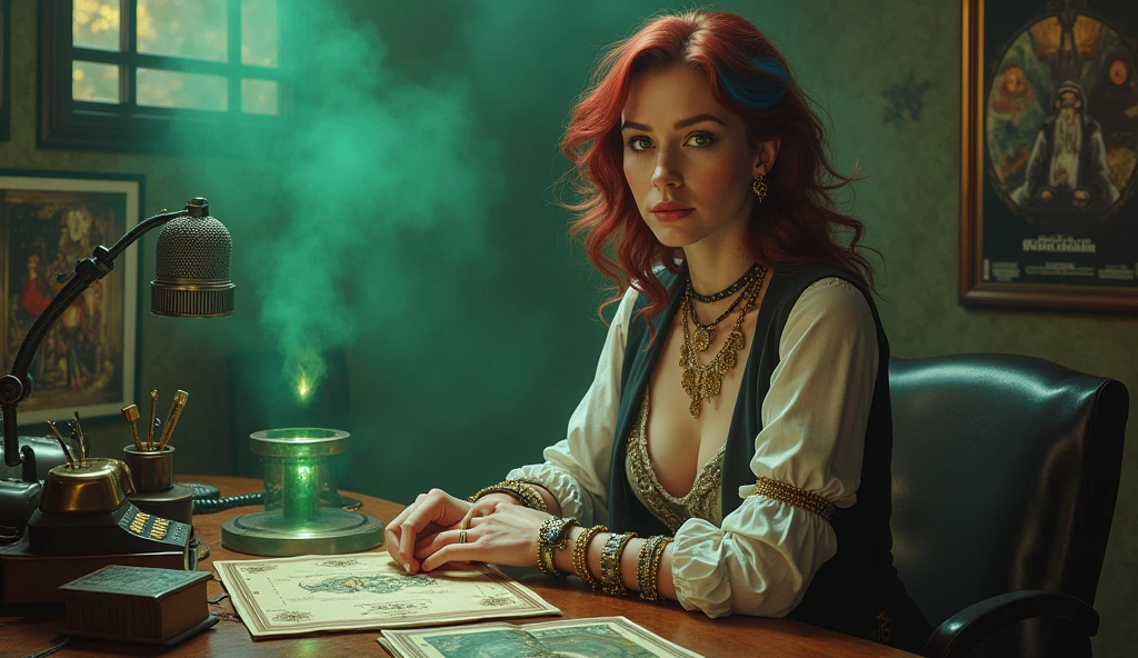 A voluptuous tanned brunette elf woman is voluptuous, wearing a black dress with jade details, long cables that reach the ground are very long elf ears, gold tattoo that covers the back and arms, she is writing a letter in her office. Image Image 1920x1080