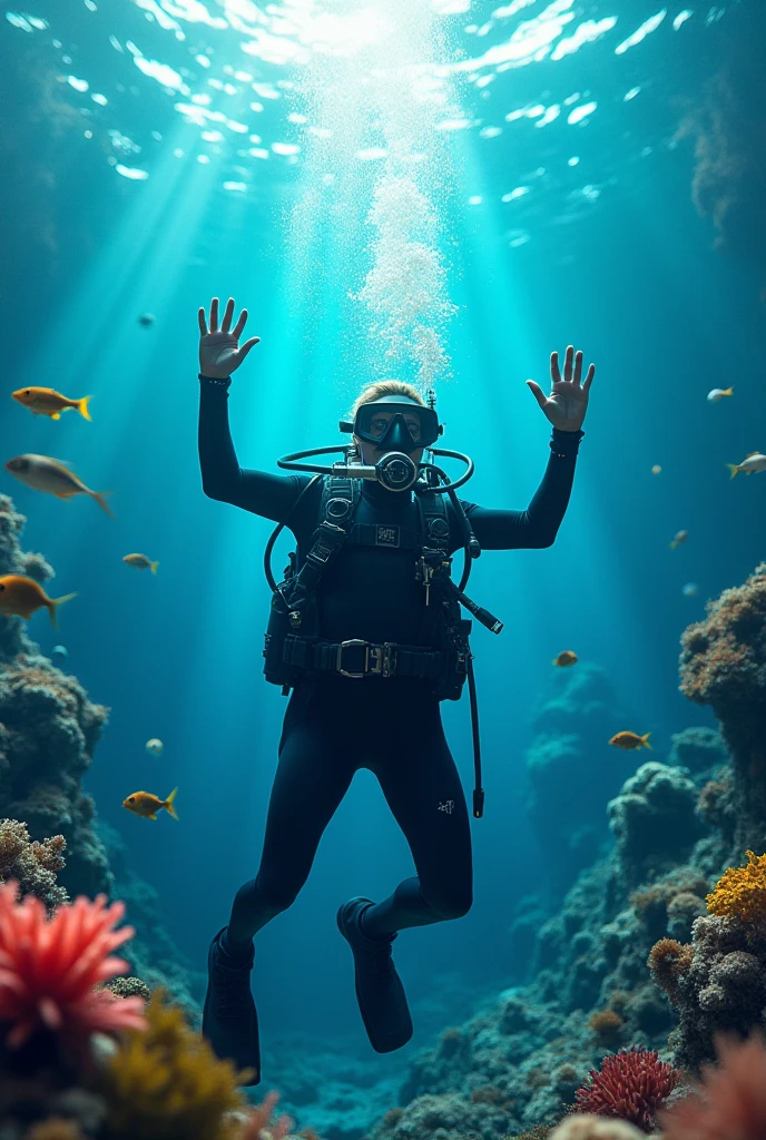 Photos under the sea,Draw a beautiful underwater world,1 diver,Best diving spots,Transparency,How beautiful,Water representation,Water movement,Fine air bubbles,realism,Beautiful diving spots that will captivate everyone,bright,Diagonal composition,Focus on the Underwater World,Photorealistic,