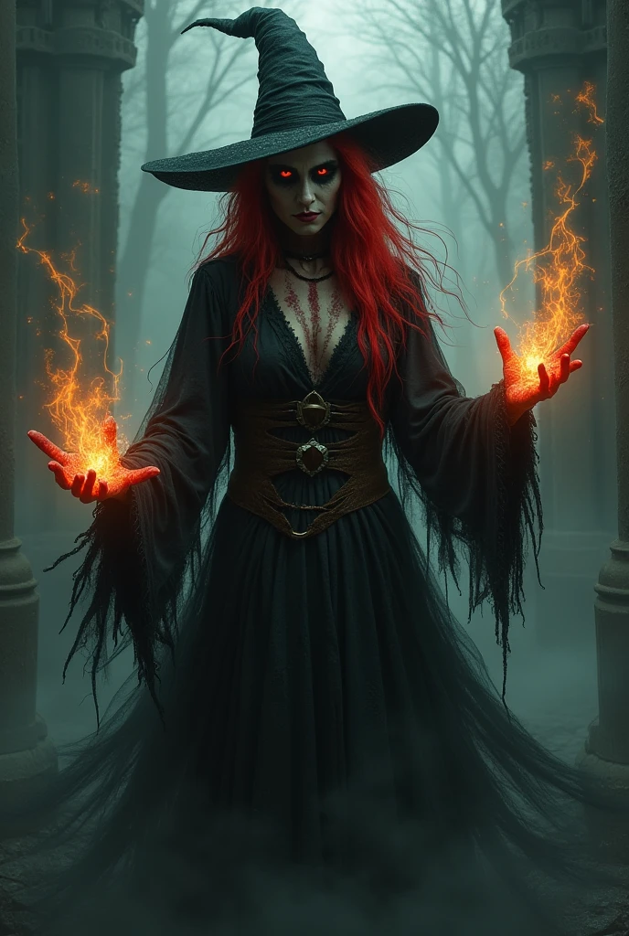 Magical witch in the underworld, her eyes glow red, fire, anger, hatred, 8k, realistic