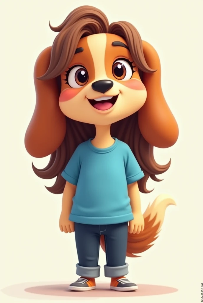  a cartoon-style anthropomorphic dog .  has long brown hair ,  with droopy ears that complement her friendly appearance . Its design includes a blue t-shirt ,  dark pants and simple shoes .  Her cheerful and warm personality is reflected in her expression