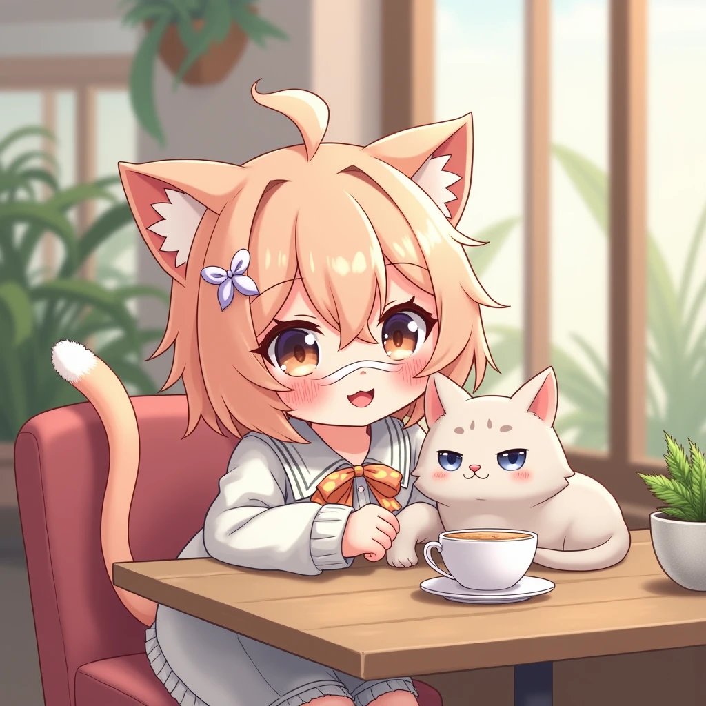 score_9, score_8_up, score_7_up, score_6_up, score_5_up, score_4_up, BREAK, 1boy, solo, necoarc, lit pupils, cat ears, blonde hair, red eyes, :3, turtleneck, blue skirt, pleated skirt, pantyhose, brown footwear, femboy, pov, highlight thighs, landscape, looking at the viewer, drinking coffee, with a cell phone in one hand