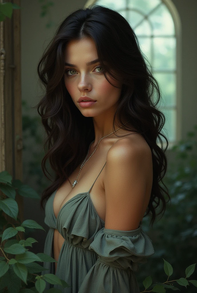 a woman with long black hair and green eyes in the djungle playing full body shot, with green eyes, with stunning green eyes, keine Falten, Modelgesicht wie Megan Fox, big lips, Ultrarealistische digitale Malerei, Hyperrealistische digitale Malerei, Ultrarealistische digitale Kunst, Hyperrealistische digitale Malerei, Ultrarealistische digitale Kunst, with deep green eyes, Ultrarealistische digitale Kunst, with green eyes, Genau, ultrarealistische Gesichter, Realistische digitale Malerei, mit schwarzbraunen Haaren, definierte Gesichtsturktur, texturierte Haut, spitzes Kinn, hohe Wangenknochen, feine Nase, full body