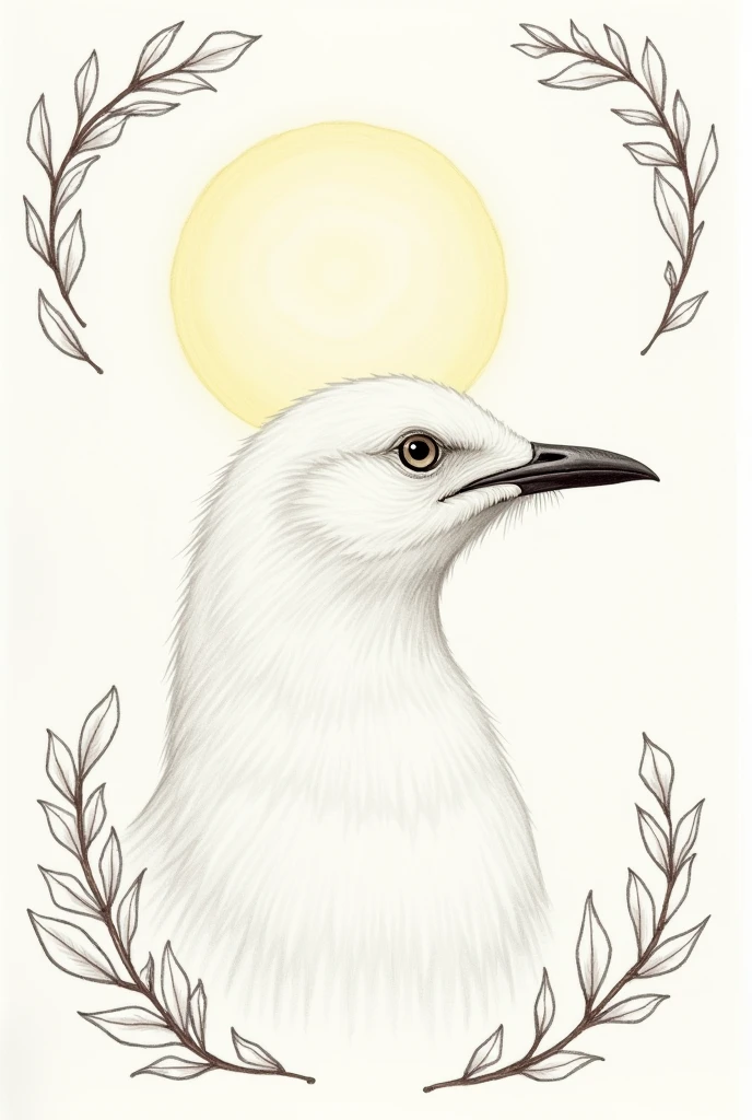 Portfolio Folder Cover
Head of a white bird and the sun behind and leaf branches on the border drawing same type hand drawing with pencils