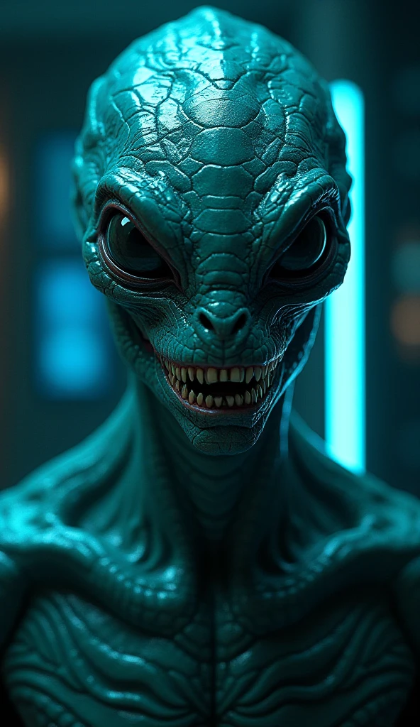 (Realistic:1.5) full body shot, tail gradient background cropped torso lens flare arms at sides teeth science fiction green eyes horror (theme) <lora:EdobAlienSpecies_v1.0:0.8>