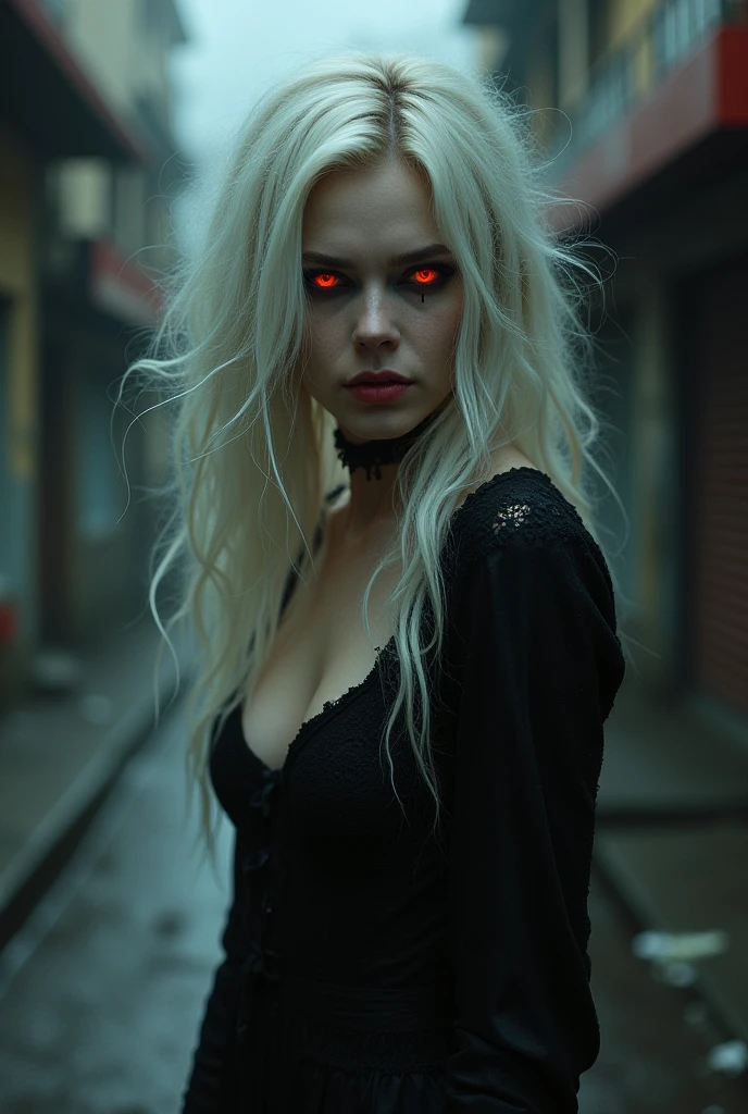 fantasy art, modern and gothic art, (masterpiece:1.5), full body best details, highly detailed, best quality, highres, full body portrait of a female vampire (Masterpiece, best quality: 1.6), ultra feminine, with a long curvy hair, blond hair, (red:1.3) eyes, glowing eyes ((beautiful delicate face)), Ultra Detailed Face (wearing elegant glamour open black leather jacket: 1.5) , (flowing black leather jacket: 1.5), wearing an intricate (white suit: 1.2) (intricate details, Masterpiece, best quality: 1.3), high heeled boots, urban background (intense details, beat details), fantasy, at night light, natural ,moon light, clouds, gothic atmosphere, soft light, ((anatomically correct: 1.3)), high details, best quality, 16k, [ultra detailed], masterpiece, best quality, (extremely detailed), dynamic angle, drkfntasy, evening dress, Intense gaze