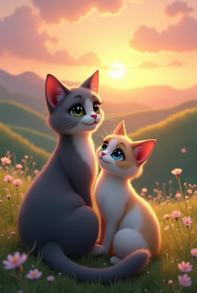 "A couple of cats in love in a romantic scene, depicted very realistically. The male cat is gray fur with deep green eyes, while the female cat has a white coat with beige tones and bright blue eyes. They are both sitting together, looking out over a beautiful sunset against a backdrop of green hills and a sky tinged with pink and gold hues. Around it are wildflowers that add a magical touch to the atmosphere. The position of the cats conveys tenderness and complicity, with the male slightly leaning towards the female in a protective gesture, and the cat with a serene and charming expression. The soft light of the sunset illuminates their coats, creating a warm and romantic atmosphere."