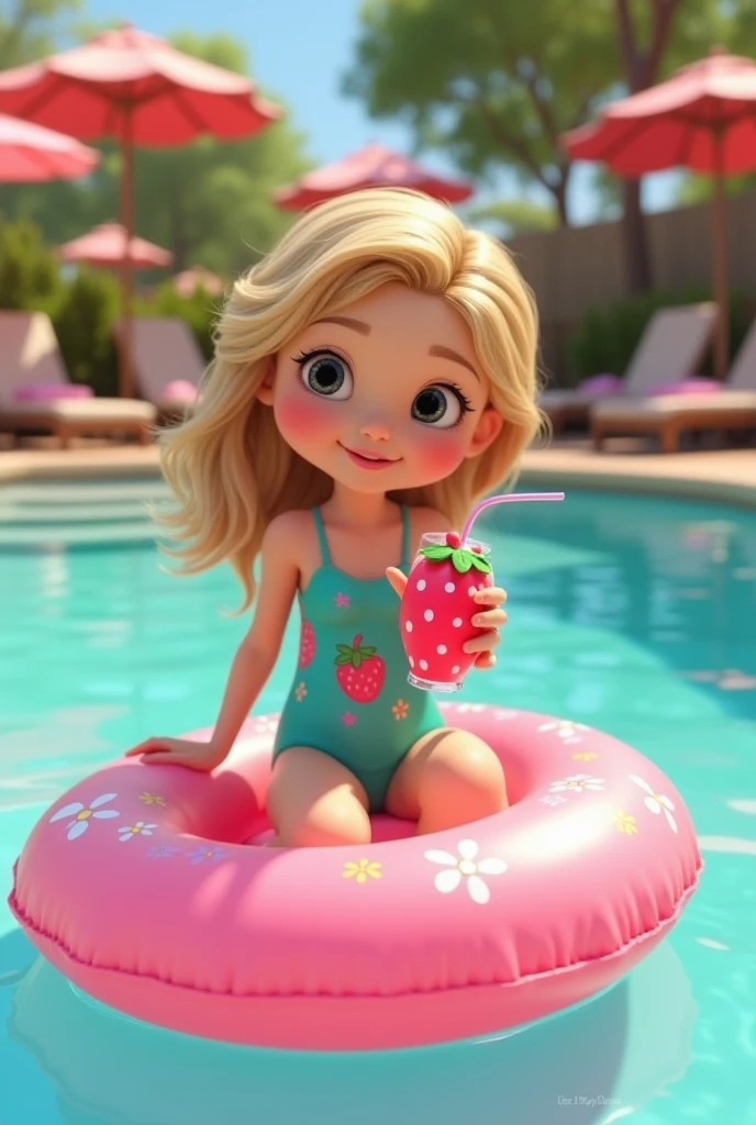 Criar uma menina de 8 anos, cabelo claro na altura dos ombros, green and pink swimsuit, olhos castanhos esverdeados, pele clara, boca rosada, sorrindo e brincando na piscina, Disney Scenery.